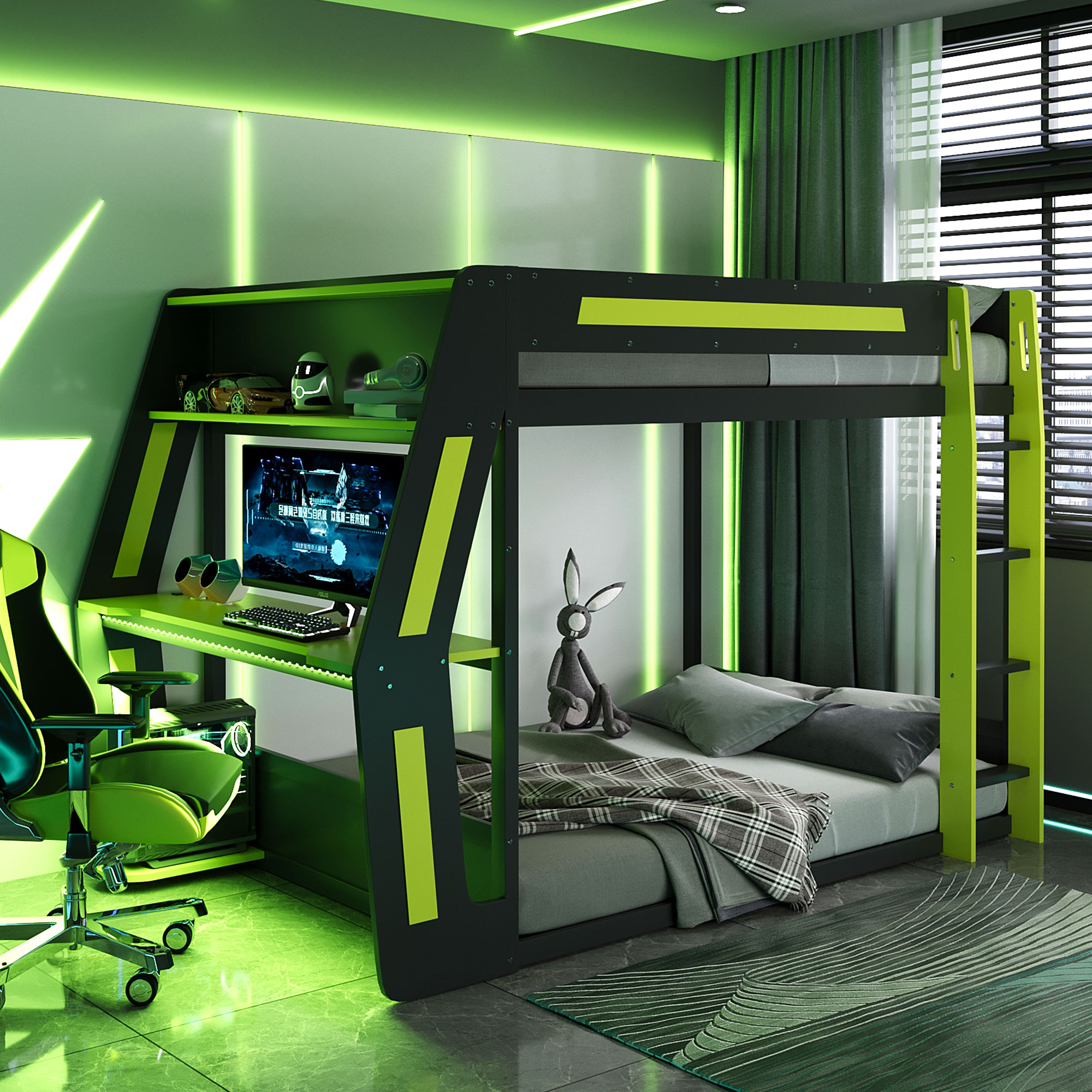 Full-Size Gaming Bunk Bed with Oversized RGB Desk, USB Charging Ports & Cable Grommet, LED Light Strip