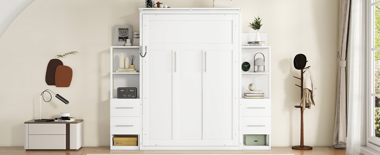 Full Size Murphy Bed Wall Bed With Shelves, Drawers And LED Lights 10 Full Size Murphy Bed Wall Bed With Shelves, Drawers And LED Lights