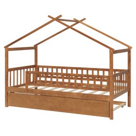 Wooden Twin Size House Bed With Twin Size Trundle