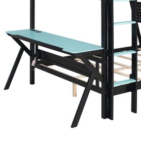 Full Size Bunk Bed with Two Built-In Gaming Desks, USB Desktop Ports & Pegboard Organizer