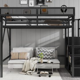 Metal Full Size Loft Bed With Stairs, Storage Shelves and Wardrobe