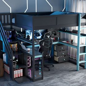 Full Size Wooden Gaming Loft Bed with Storage Stairs, Desk, Shelves & Pegboard
