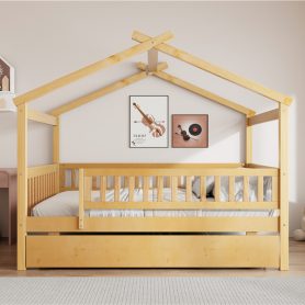 Full Size Wooden House Bed with Twin Size Trundle