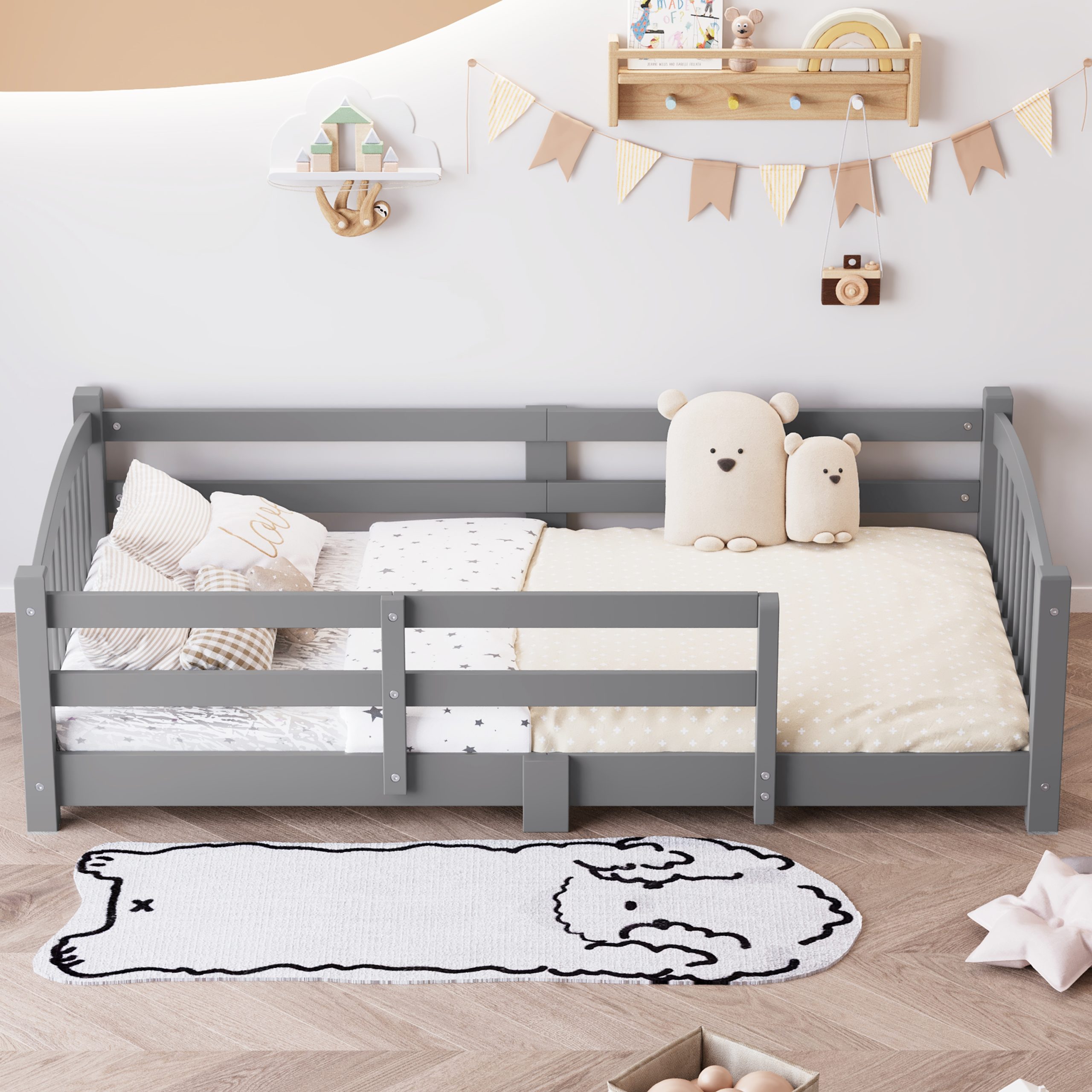 Twin Montessori Floor Bed with Slats and Safety Guardrails