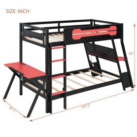 Twin Size Bunk Bed with Two Built-In Gaming Desks, USB Desktop Ports & Pegboard Organizer