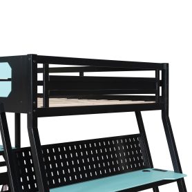 Full Size Bunk Bed with Two Built-In Gaming Desks, USB Desktop Ports & Pegboard Organizer