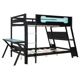 Full Size Bunk Bed with Two Built-In Gaming Desks, USB Desktop Ports & Pegboard Organizer