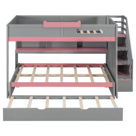 Full Over Full Bunk Bed With Twin Size Trundle, Staircase, Shelves and LED