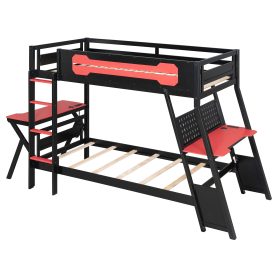 Twin Size Bunk Bed with Two Built-In Gaming Desks, USB Desktop Ports & Pegboard Organizer