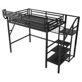 Metal Full Size Loft Bed With Stairs, Light And Storage