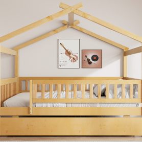 Full Size Wooden House Bed with Twin Size Trundle