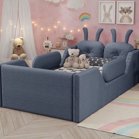 Twin Size Upholstered Platform Bed with Rabbit Cushion