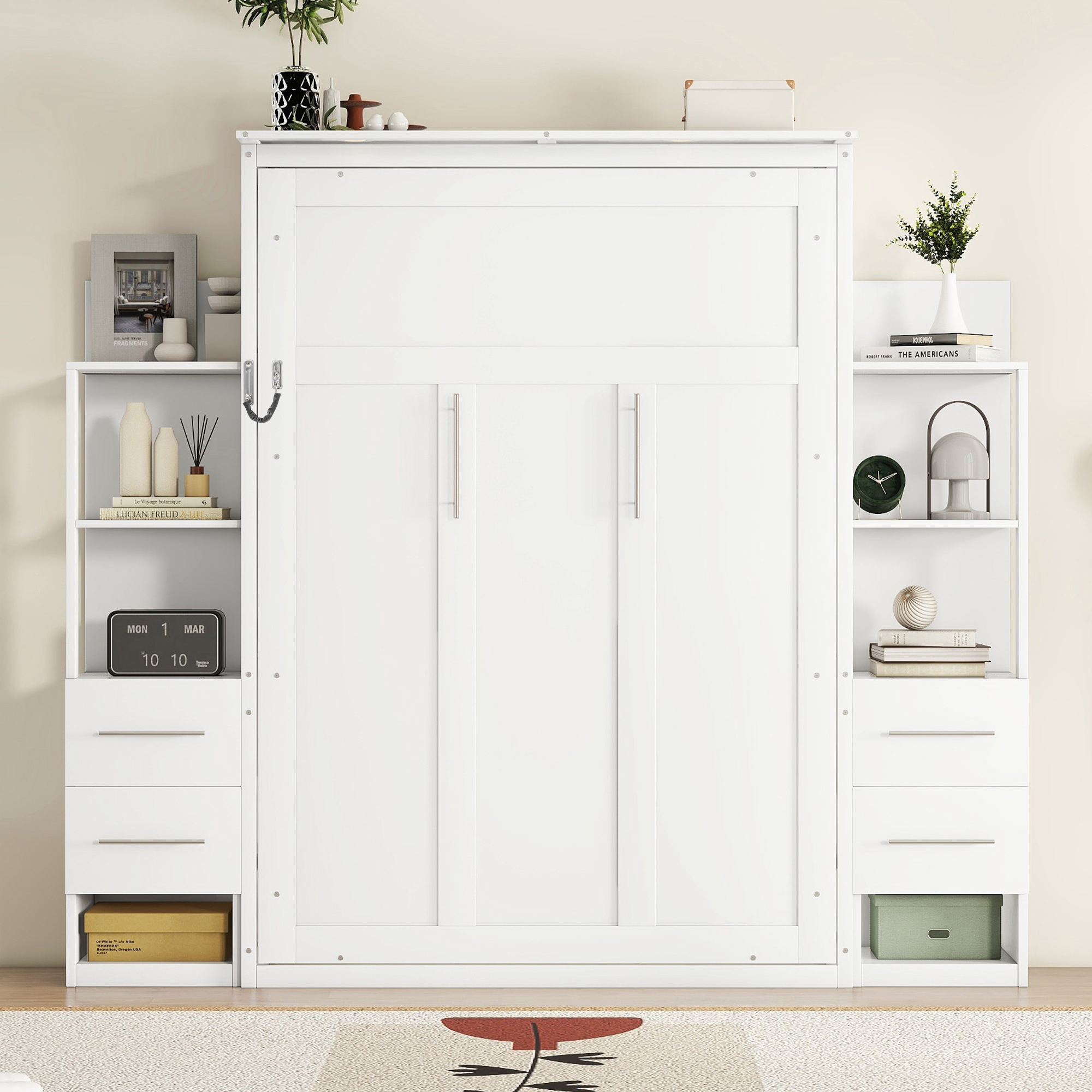 Full Size Murphy Bed Wall Bed With Shelves, Drawers And LED Lights 4 Full Size Murphy Bed Wall Bed With Shelves, Drawers And LED Lights