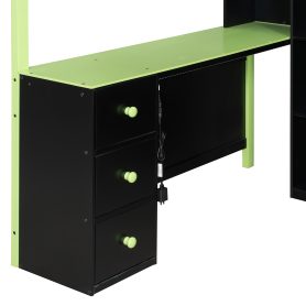 Full Size Wood Loft Bed with Desk, Ample Storage Space and Light