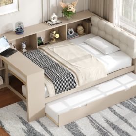 Wood Twin Size Platform Bed With Storage Shelves, Trundle, Charging Station And Upholstered Headboard