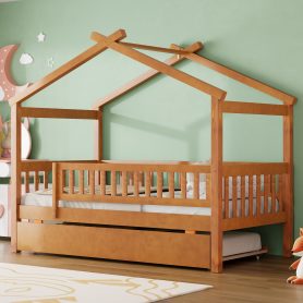 Wooden Twin Size House Bed With Twin Size Trundle