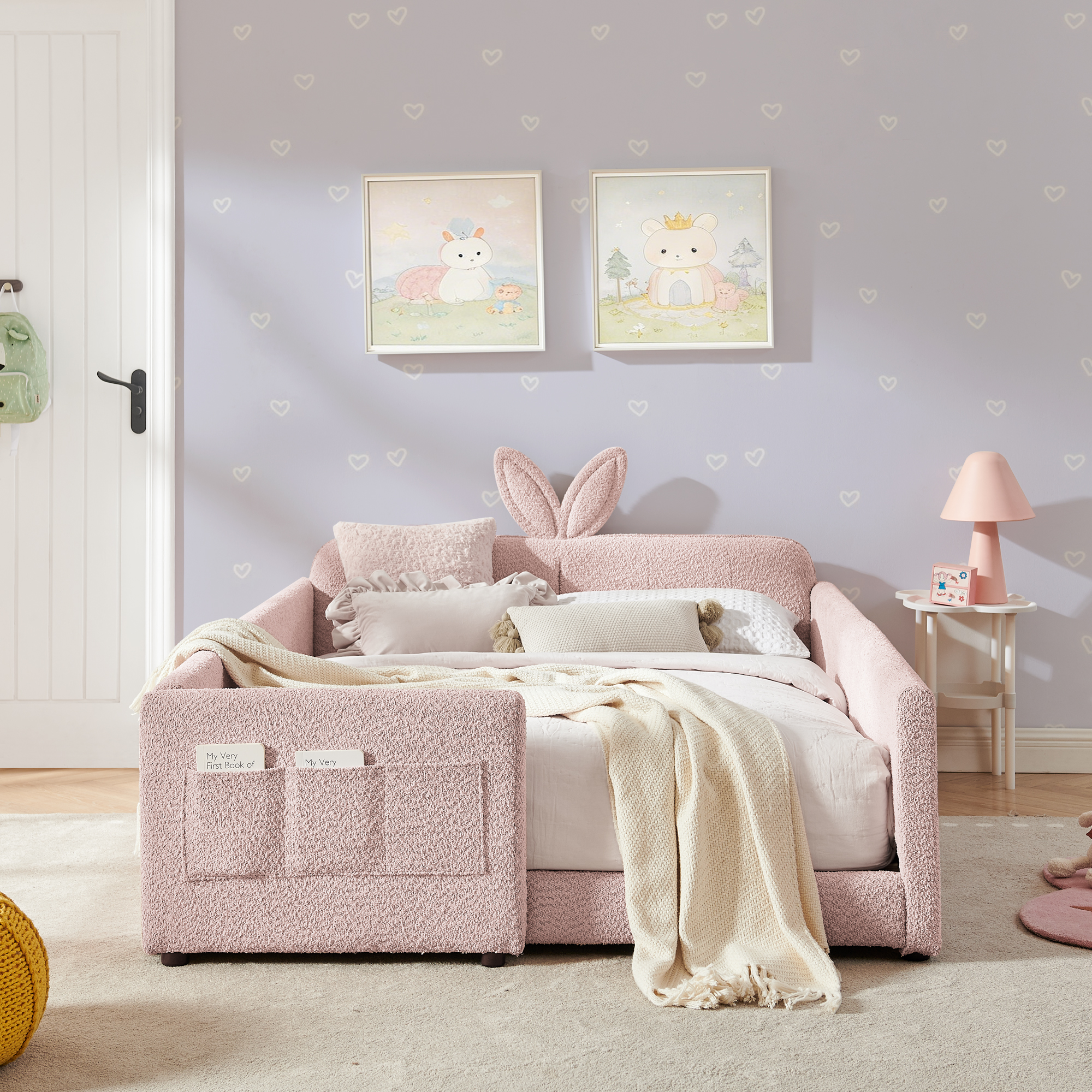 Full Size Upholstered Platform Bed with Cute Rabbit Ear Shaped Headboard
