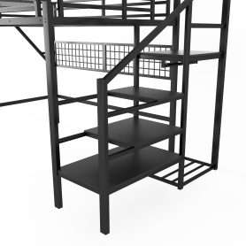 Metal Queen Size Loft Bed With Stairs, Light And Storage