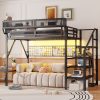Metal Full Size Loft Bed With Stairs, Light And Storage