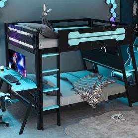 Full Size Bunk Bed with Two Built-In Gaming Desks, USB Desktop Ports & Pegboard Organizer