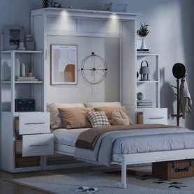 Full Size Murphy Bed Wall Bed With Shelves, Drawers And LED Lights 38 Full Size Murphy Bed Wall Bed With Shelves, Drawers And LED Lights