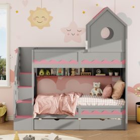 Twin Over Twin Bunk Bed With House Roof, Drawer, Staircase and LED
