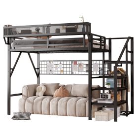 Metal Full Size Loft Bed With Stairs, Light And Storage