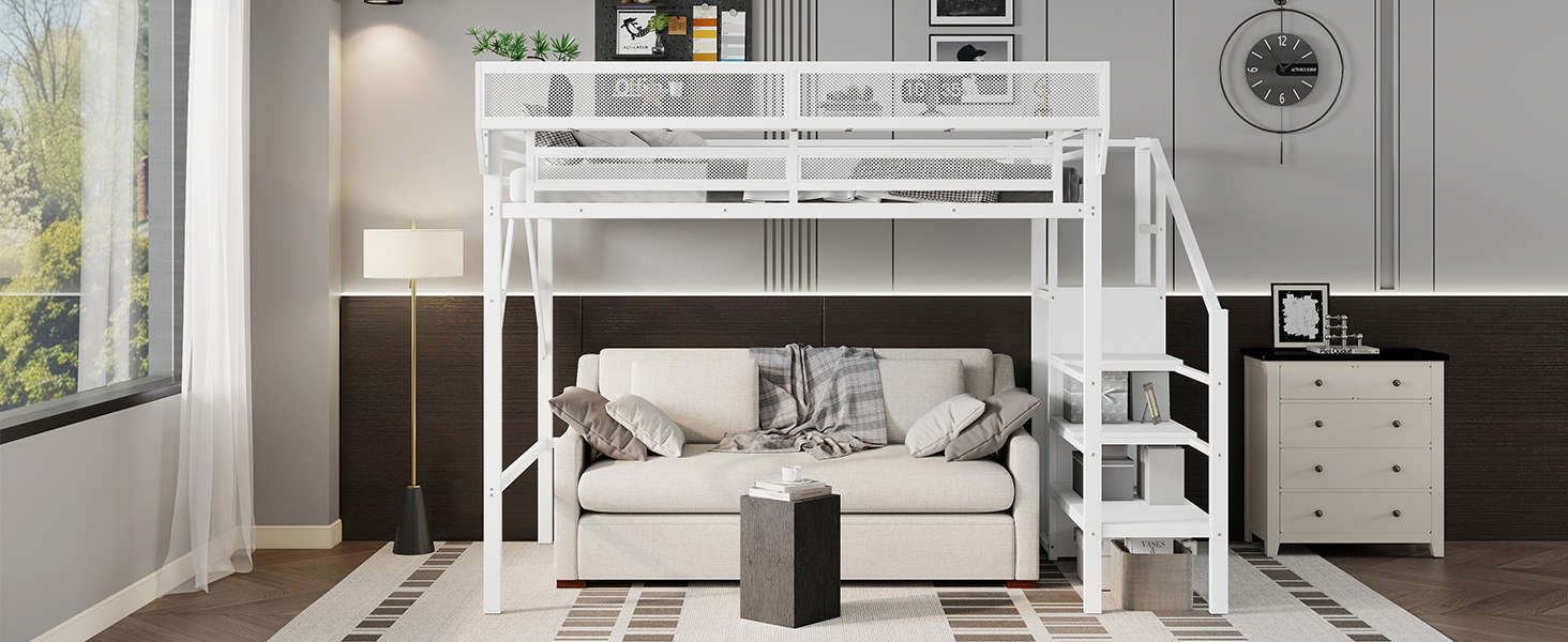 Metal Twin Xl Size Loft Bed With Stairs, Storage Shelves and Wardrobe 16 Metal Twin Xl Size Loft Bed With Stairs, Storage Shelves and Wardrobe