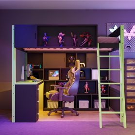 Full Size Wood Loft Bed with Desk, Ample Storage Space and Light