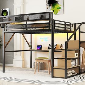 Queen Size Metal Loft Bed with Desk, Charging Station, Stairs and Light 27 Queen Size Metal Loft Bed with Desk, Charging Station, Stairs and Light