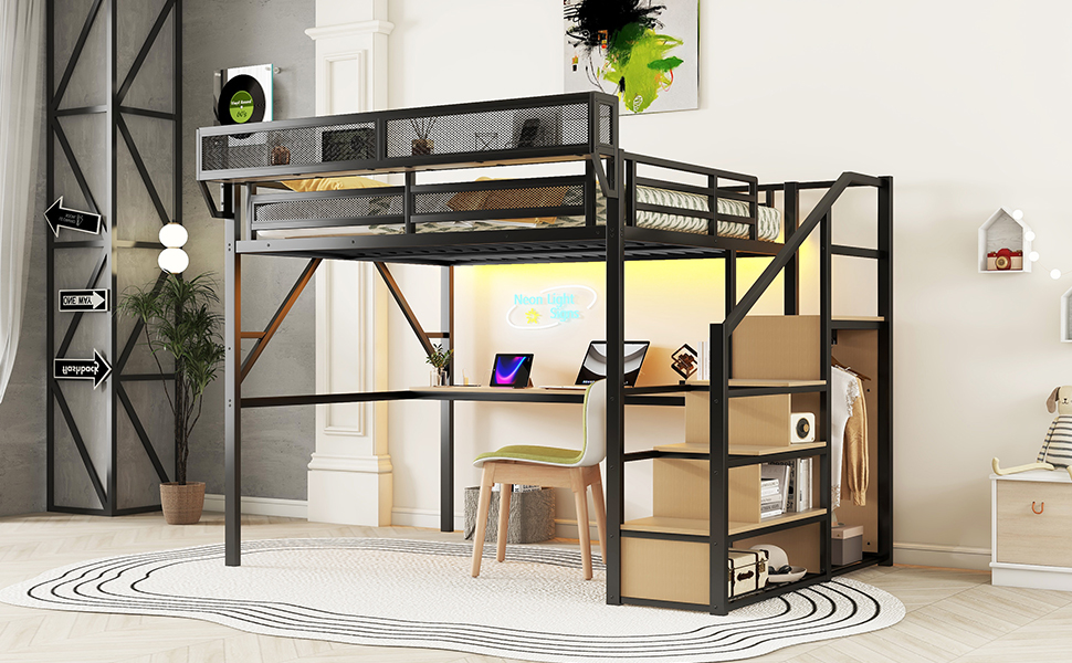 Queen Size Metal Loft Bed with Desk, Charging Station, Stairs and Light 8 Queen Size Metal Loft Bed with Desk, Charging Station, Stairs and Light