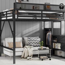 Metal Full Size Loft Bed With Stairs, Storage Shelves and Wardrobe