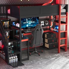 Twin Size Wooden Gaming Loft Bed with Storage Stairs, Desk, Shelves & Pegboard 47 Twin Size Wooden Gaming Loft Bed with Storage Stairs, Desk, Shelves & Pegboard