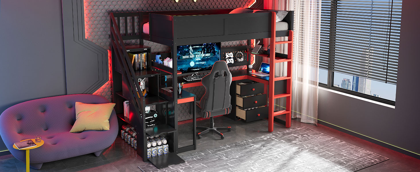 Twin Size Wooden Gaming Loft Bed with Storage Stairs, Desk, Shelves & Pegboard 24 Twin Size Wooden Gaming Loft Bed with Storage Stairs, Desk, Shelves & Pegboard