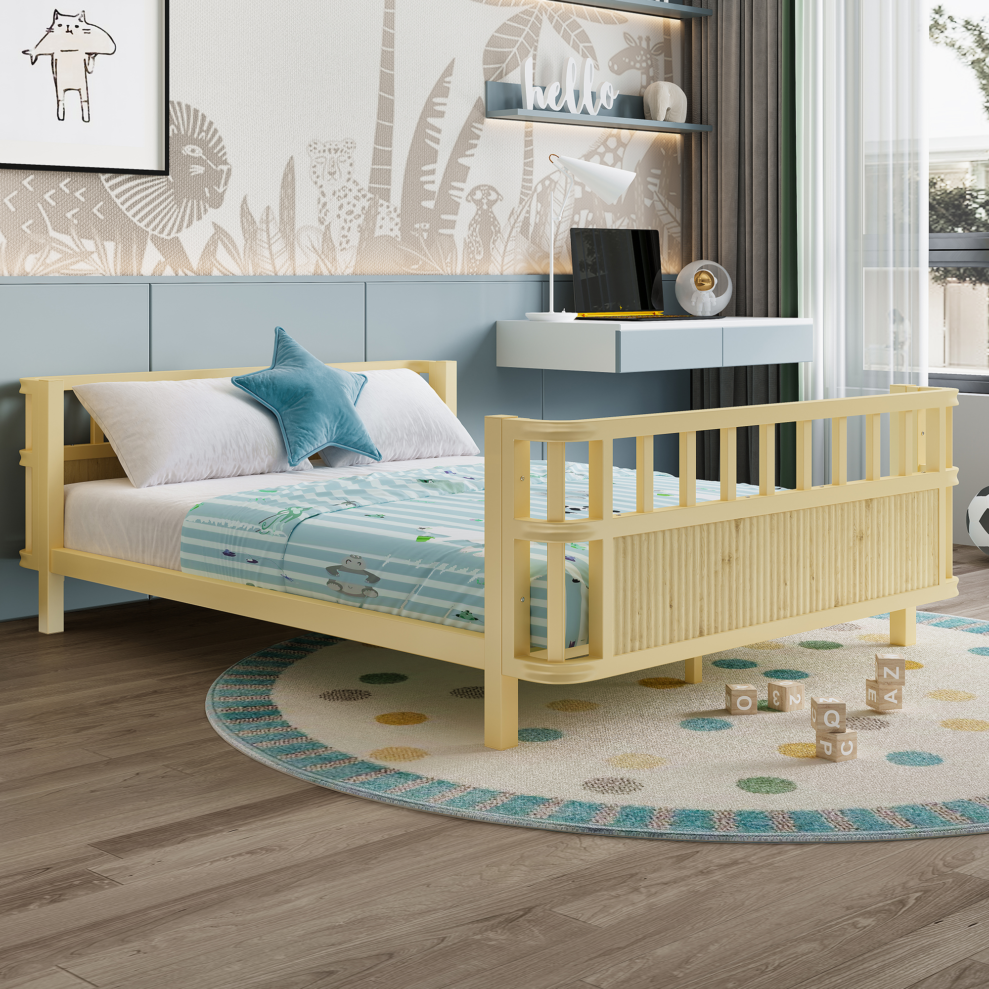 Children's Double Wooden Platform Bed With Railings 5 Children's Double Wooden Platform Bed With Railings