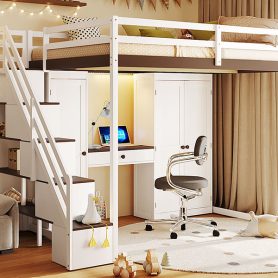 Full Size Loft Bed With Storage Staircase, Built-in Dressing Table, Wardrobe & Cabinets, USB Charging Ports And Lights