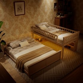 Twin XL over Queen Bunk Bed with Integrated Shelving, Color-Changing Lights and Pegboard