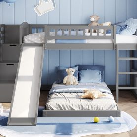 Twin over Twin Bunk Bed with Stairway, Two Drawers and Slide