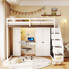 Full Size Loft Bed With Storage Staircase, Built-in Dressing Table, Wardrobe & Cabinets, USB Charging Ports And Lights