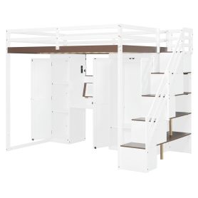 Full Size Loft Bed With Storage Staircase, Built-in Dressing Table, Wardrobe & Cabinets, USB Charging Ports And Lights