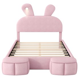 Full Size Platform Bed with Cartoon Ears Shaped Headboard and Light