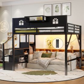 Metal Queen Size Loft Bed with High and House Shaped Guardrails 22 Metal Queen Size Loft Bed with High and House Shaped Guardrails