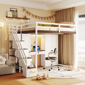 Full Size Loft Bed With Storage Staircase, Built-in Dressing Table, Wardrobe & Cabinets, USB Charging Ports And Lights