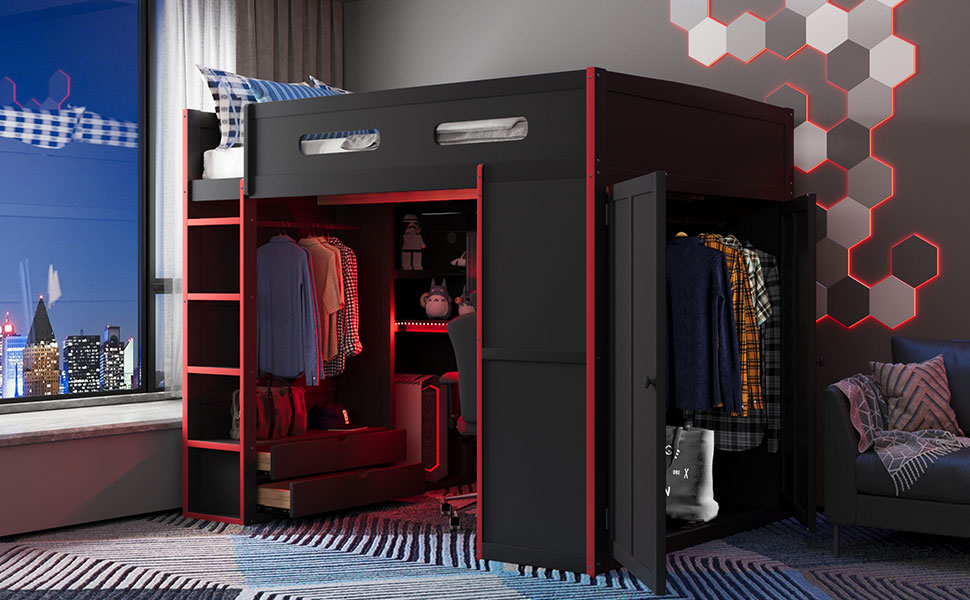 Full Size Wood Loft Bed with Desk,Wardrobe,Ample Storage Space,and RGB Light 21 Full Size Wood Loft Bed with Desk,Wardrobe,Ample Storage Space,and RGB Light