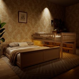 Twin XL over Queen Bunk Bed with Integrated Shelving, Color-Changing Lights and Pegboard