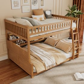 Full XL over Queen Bunk Bed with Integrated Shelving, Color-Changing Lights and Pegboard