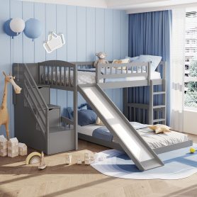 Twin over Twin Bunk Bed with Stairway, Two Drawers and Slide