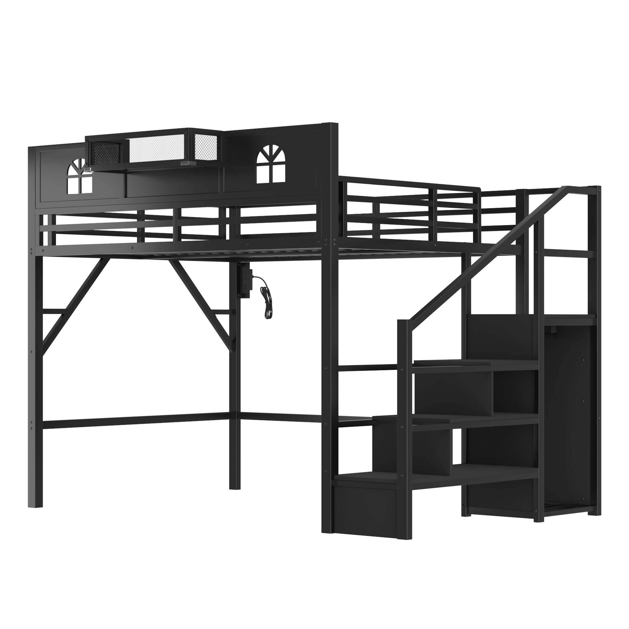 Metal Queen Size Loft Bed with High and House Shaped Guardrails 12 Metal Queen Size Loft Bed with High and House Shaped Guardrails