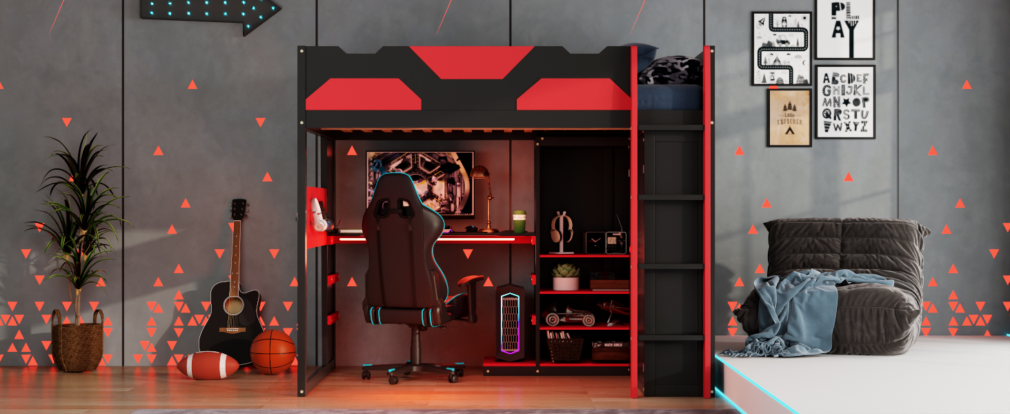 Full Size Wood Loft Bed with Desk, Multi-storage Shelves,USB and RGB Light 21 Full Size Wood Loft Bed with Desk, Multi-storage Shelves,USB and RGB Light