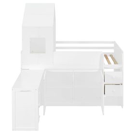 Twin Size Wooden Loft Bed With Desk, Drawers and Cabinets